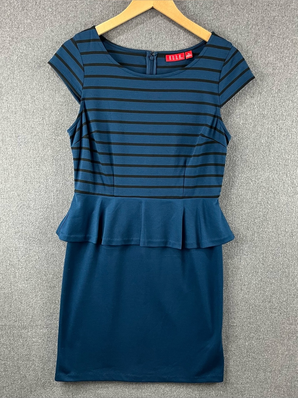 ELLE Stretch Peplum Sheath Dress Comfortable Flexible Fit Striped Size M NWOT